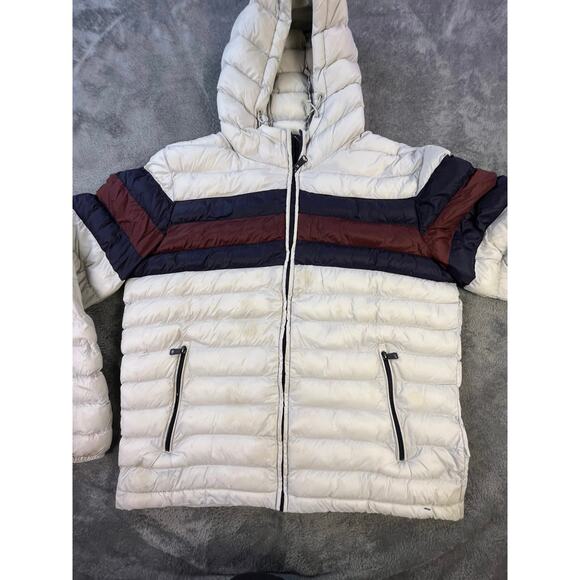 Tommy Hilfiger Mens Large Puffer Jacket White Navy Hooded Spellout Winter Coat - Picture 7 of 11